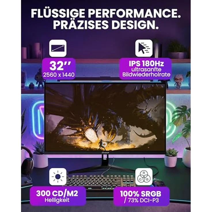 Arozzi Nova 32” Gaming Monitor, IPS 180Hz QHD 1440p, Adaptive Sync, HDR10, flimmerfrei, 100% sRGB, Schwarz – Bild 2