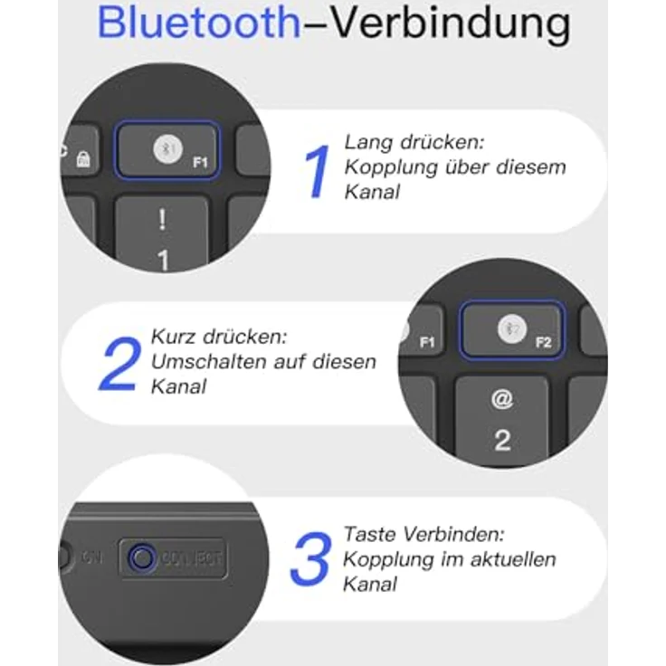Inateck KB01003 Bluetooth-Tastatur, kabellose Funktastatur mit 3 Bluetooth-Verbindungen, ergonomisches Design, QWERTZ, vergrößerte Tastenkappen, kompatibel mit iPad Pro/Air/Mini, Windows, Android, iOS, ultradünn – Bild 3