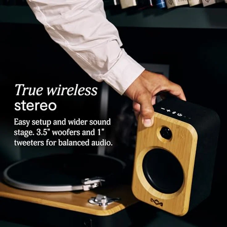 House Of Marley EM-JA028-SB, Get Together Duo 2, Verkabelte und kabellose Stereo-Lautsprecher aus Holz, Schwarz, mit bis zu 25 Stunden Akkulaufzeit und True Wireless Stereo Funktion – Bild 5