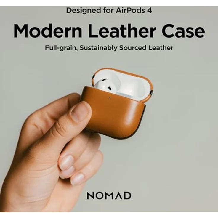 NOMAD Modern Leather Case für Airpods 4 | Robuste Schutzhülle aus Polycarbonat und Echtleder, gummierte TPE-Bumper, kabelloses Laden, English Tan – Bild 9
