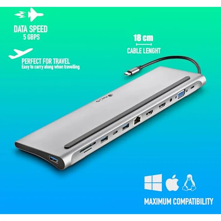 NGS Wonder Dock 12 - USB 3.0 Typ-C-Hub, 12-in-1-Multiport-Hub, Power Delivery Schnellladung, HDMI, VGA, RJ45, SD/TF, breite Kompatibilität - Kompakt, 273x80x17mm, Aluminiumoptik – Bild 5