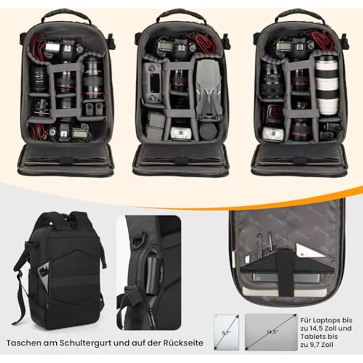 TARION TR-H Kamerarucksack, Fotorucksack mit Hartschalen, stoßfest, wasser- und abriebfest, 14,5 Zoll Laptopfach, Schwarz – Bild 5