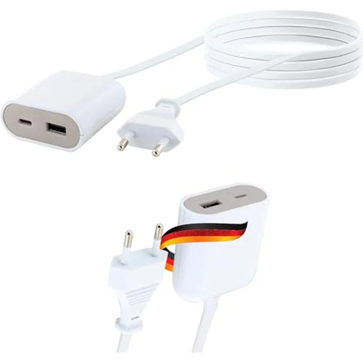 SCHWAIGER 658699 USB Ladeadapter Verlängerungskabel Type C USB 2.0 Ladegerät Ladeverlängerung Eurostecker 2,5 m weiß/grau – Bild 1