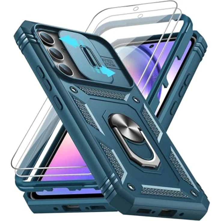 LeYi Hülle für Samsung Galaxy A54 5G, Hybrid Kammeraabdeckung mit Objektivschutz, kratzfest, blau, inkl. 2 Glasfolien und Ringhalterung – Bild 1