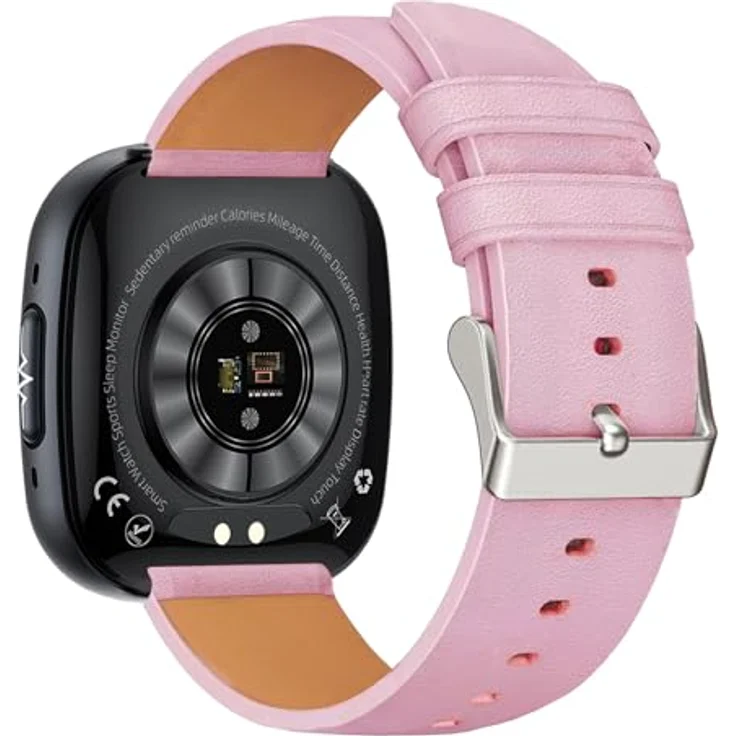 Knauermann NEO 2 (2025), Gesundheitsuhr Smartwatch in Schwarz eckig mit EKG, HRV, Schlafapnoe, Blutdruck, Bluetooth und Rindsleder Armband in Rose – Bild 2