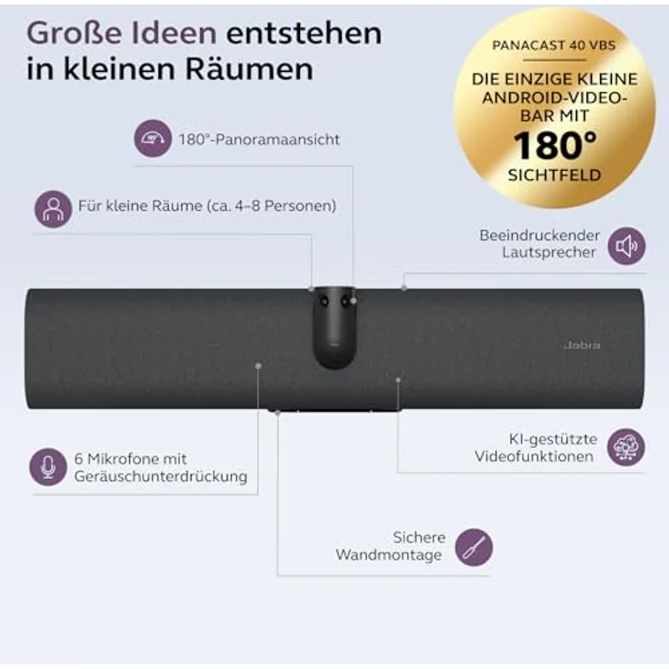 Jabra PanaCast 40 Video Bar System, 180°-Videokonferenzkamera für kleine Besprechungsräume, Mikrofon und Lautsprecher, Microsoft Teams zertifiziert, schwarz, EU-Stecker – Bild 2