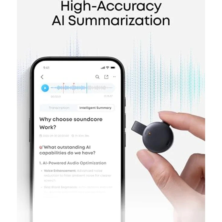 soundcore Work by Anker, tragbares KI-Diktiergerät mit 6 Monaten Pro-Abo gratis, KI-Transkription, kombinierte Meeting-Protokolle, Doppeltipp zum Markieren, MFi-zertifiziert, Datenschutz – Bild 4
