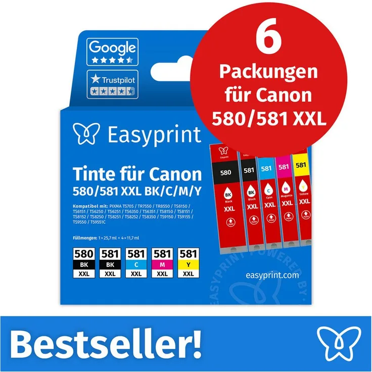 Easyprint PGI-580/581 XL, Tintenpatronen Set 6-tlg, kompatibel mit Canon, hohe Seitenleistung, brillante Farben