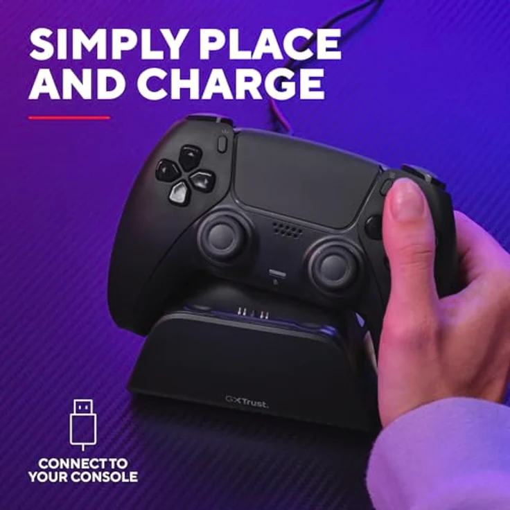 Trust GXT 255, PS5 Controller Ladestation für DualSense mit Place-on Design, LED-Beleuchtung, Antirutsch-Pad und USB-C-C-Kabel, Schwarz – Bild 3