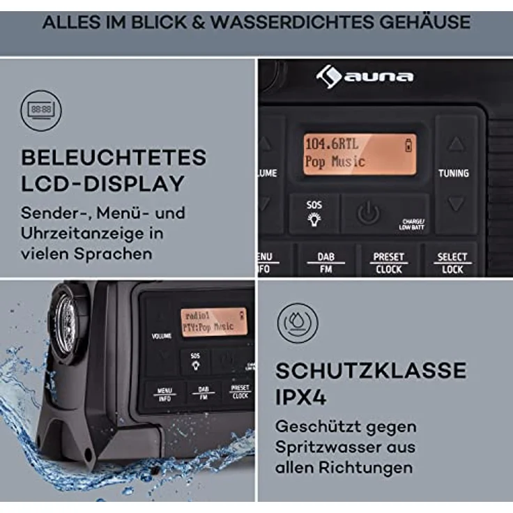 Auna Patagonia DAB+ Outdoor-Radio, DAB/DAB+ und FM, Solar-Akku, wasserdicht, mit Taschenlampe und Notfall-Sirene – Bild 5