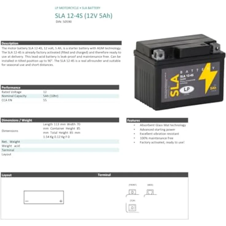 Landport Batterie AGM SLA 12V 5Ah, wartungsfreie Motorrad Startbatterie MS SLA 12-4S, auslaufsicher und leicht – Bild 6