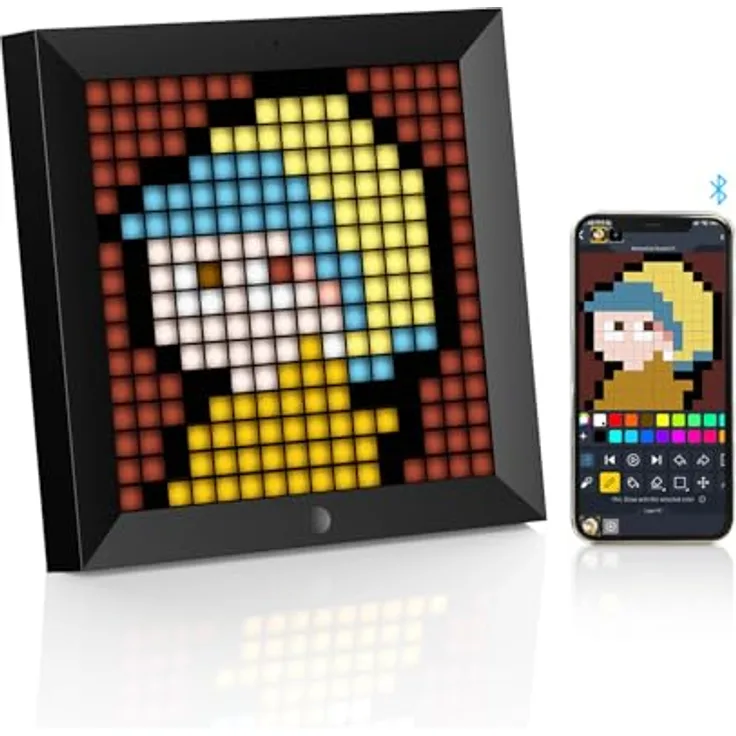 Divoom Pixoo Pixel Art, Digitaler Bilderrahmen mit 16x16 RGB LED Panel, Smart Clock, Social Media Benachrichtigungen, 7.18 Zoll, Schwarz