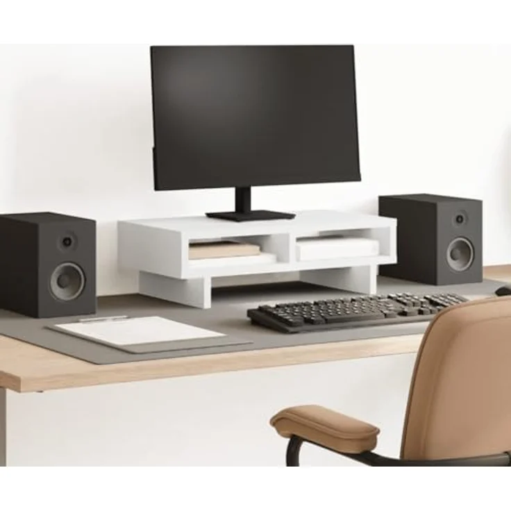 vidaXL Monitorständer, Schreibtischaufsatz mit Stauraum, Unterbau Bildschirm Laptop Ständer, Tisch Erhöhung für PC Monitor Drucker, Weiß Holzwerkstoff – Bild 2