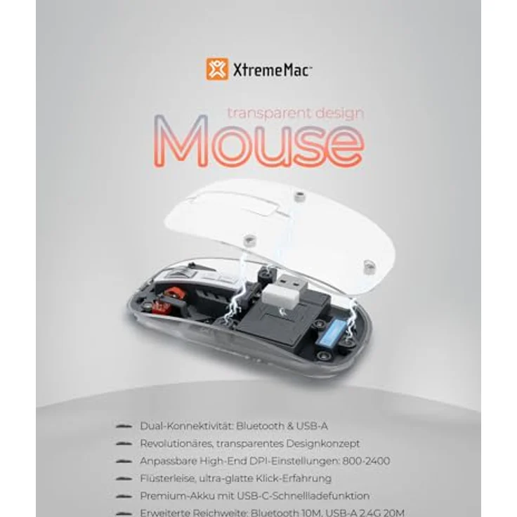 XtremeMac Kabellose Maus, Bluetooth & USB, wiederaufladbar, ergonomisches Design, 4 einstellbare DPI, Grau – Bild 4