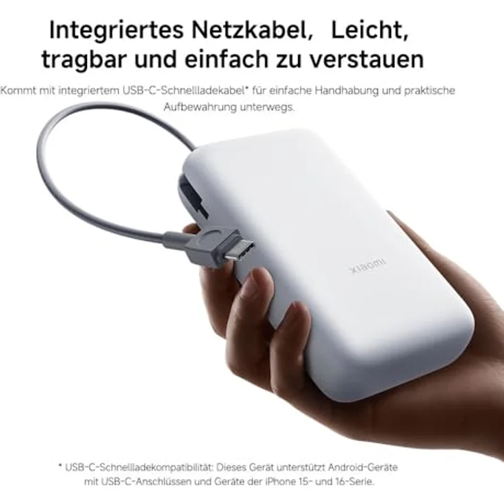Xiaomi 22.5W Power Bank 20000mAh, integriertes USB-C-Kabel, bidirektionales Schnellladen, grau – Bild 4