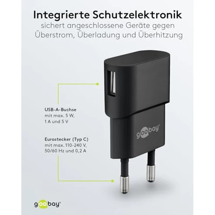 Goobay USB-Ladegerät Steckdose Ausgangsstrom (max.) 1A USB 2.0 Buchse A (44947) – Bild 4