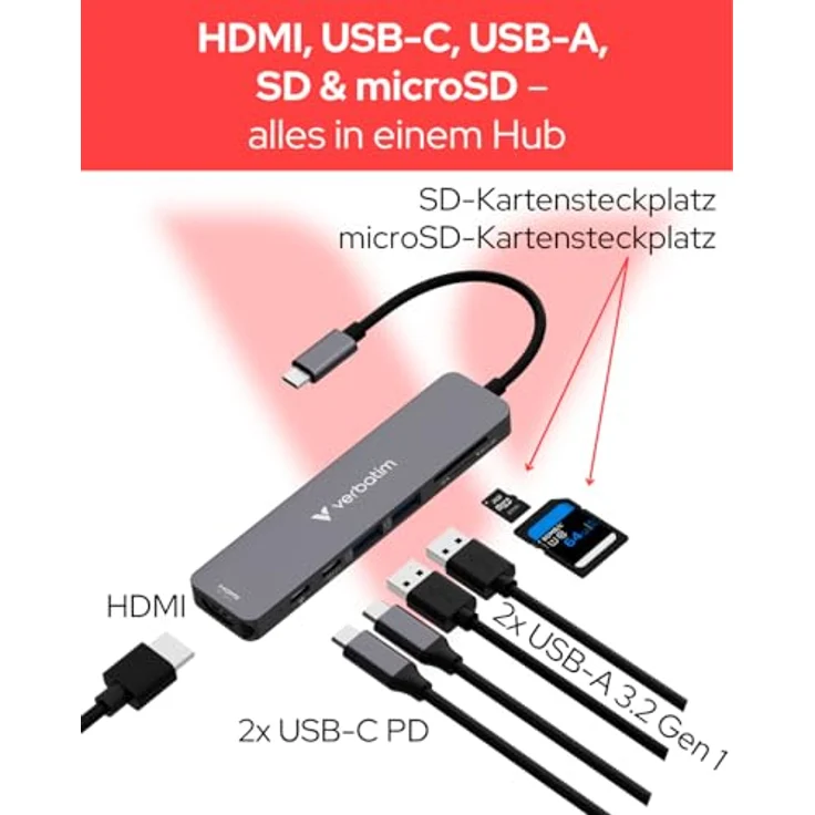 Verbatim 32158 USB-Hub, 5 GBit/s, grau, mit HDMI und 4K Videoausgabe, 2x USB 3.2, USB-C und SD/microSD Steckplätzen – Bild 4