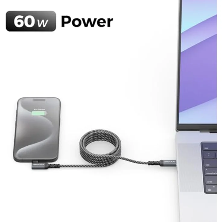 deleyCON 2m USB C Kabel 90 Grad Gewinkelt, 60W Schnellladekabel mit PD 3.0 - USB-C auf USB-C für iPhone 17/16/15, Galaxy A16/A56/S25/S24/S23, Pixel, iPad, MacBook, AirPods, Tablet, Carplay – Bild 5
