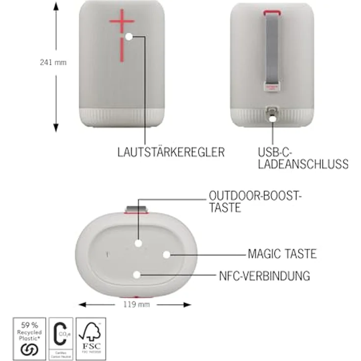 Ultimate Ears EPICBOOM, mobiler kabelloser Bluetooth-Lautsprecher, satte Bässe, immersiver 360-Grad-Sound, adaptiver EQ, wasserdicht IP67, schwimmfähig, 17 Stunden Akku, 55 m Reichweite, USB-C, Weiß – Bild 5