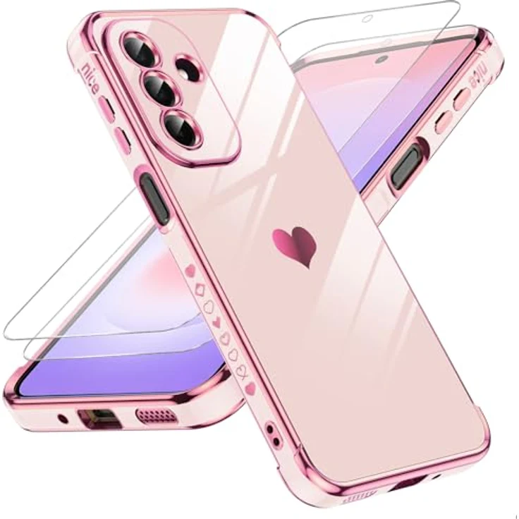 LeYi Handyhülle für Samsung Galaxy A27 5G, TPU Silikon mit Herz Muster, stoßfest, kratzfest, rosa mit Schutzfolie – Bild 1