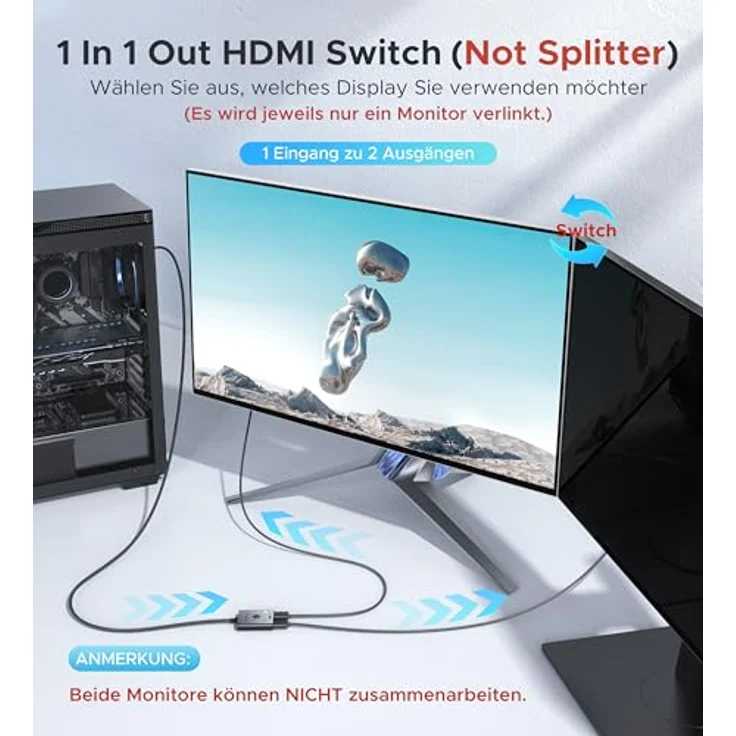 WARRKY HDMI Switch 4K@60Hz, 2 In 1 Out Splitter mit 1m geflochtenem Kabel, HDCP 2.2, Aluminium, unterstützt UHD 3D für PS5/4, Xbox, FireStick – Bild 3