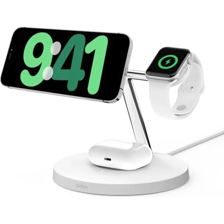 Belkin BoostCharge Pro kabelloses 3-in-1-Ladegerät mit Qi2 für iPhone 15, 14, 13 und 12 sowie Apple Watch und AirPods, induktive Ladestation kompatibel mit MagSafe (bis zu 15 W) - Weiß – Bild 1