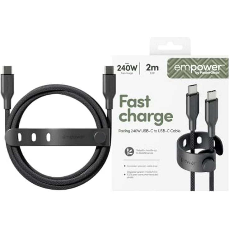 PanzerGlass Racing USB-C to USB-C Kabel, 2 m, USB 2.0, 240 W, robustes und schnelles Ladekabel mit Klettlasche und verwicklungsfreiem Design – Bild 3