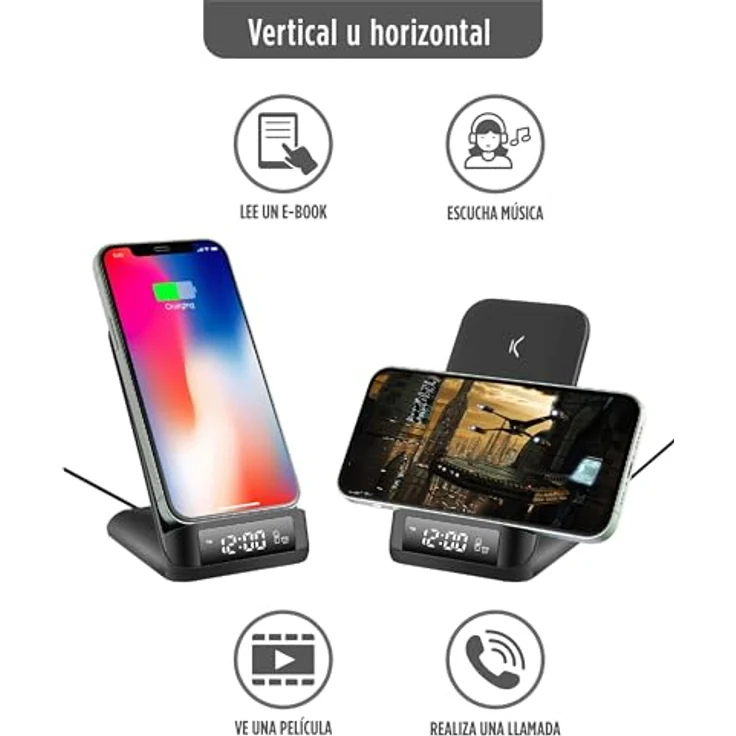 KSIX Qick Wireless Charger/Alarm Clock, 15 W, Schwarz, schnelles kabelloses Laden und praktische Weckfunktion – Bild 3