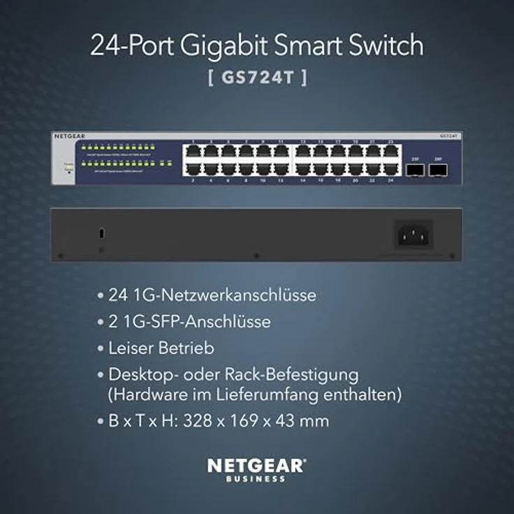 Netgear GS724T, Netzwerk Switch mit 24 Ports, Grau, VLAN-Unterstützung, Store-and-Forward-Technologie, erweiterbare SFP-Ports – Bild 2
