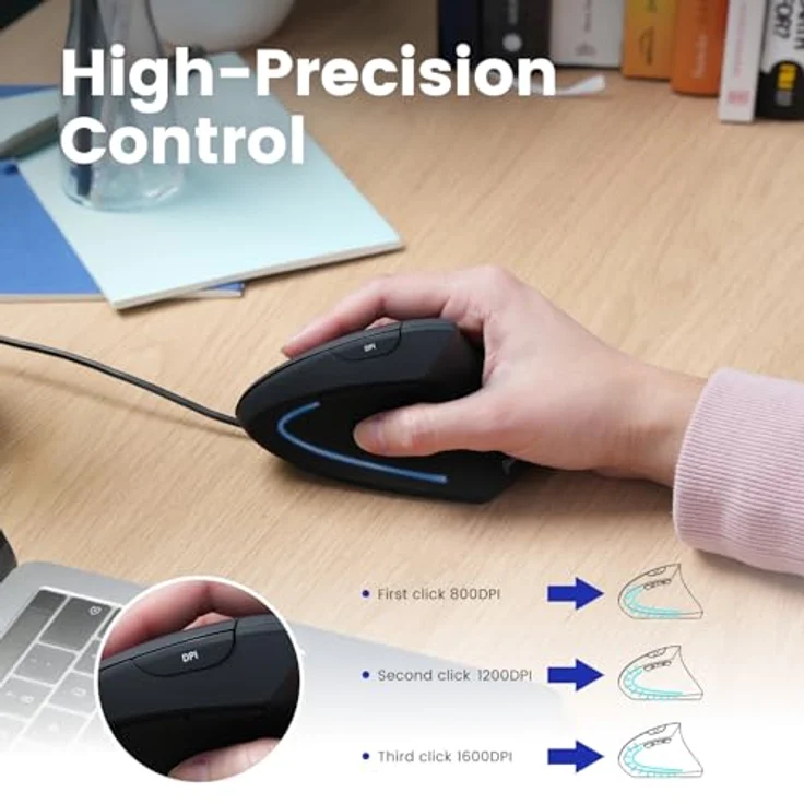 Perixx PERIMICE-513 C Vertikale Ergonomie-Maus, USB-C, schwarz, Rechtshänder mit einstellbarer DPI und rutschfester Oberfläche – Bild 5