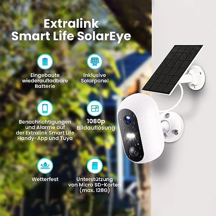 EXTRALINK Smart Life SolarEye Kabellose Überwachungskamera, Full HD, 1080p, IP54, Überwachungskamera Solar, 5200 mAh Akku, WiFi Kamera, Gegensprechanlage, App-Steuerung, Micro SD, Bewegungserkennung – Bild 2
