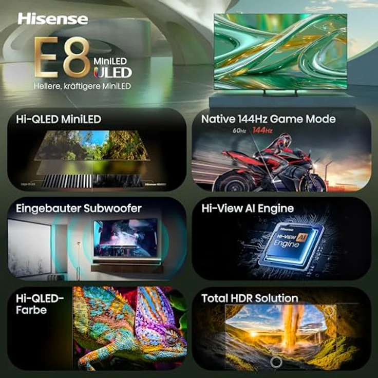 Hisense 65E8DS, 65 Zoll 4K UHD Hi-QLED Mini LED Smart TV mit Dolby Vision, 144Hz, Hi-View AI Engine, integriertem Subwoofer und FreeSync Premium – Bild 3