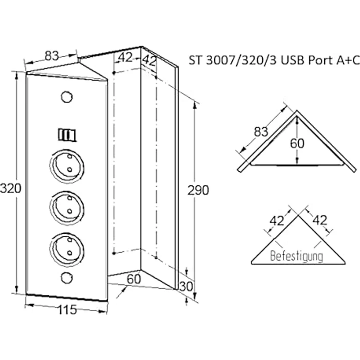 THEBO Energie-Ecksäule ST 3007/320/3, Steckdosenleiste in SCHWARZ mit USB A und C, Ecksteckdosen – Bild 2