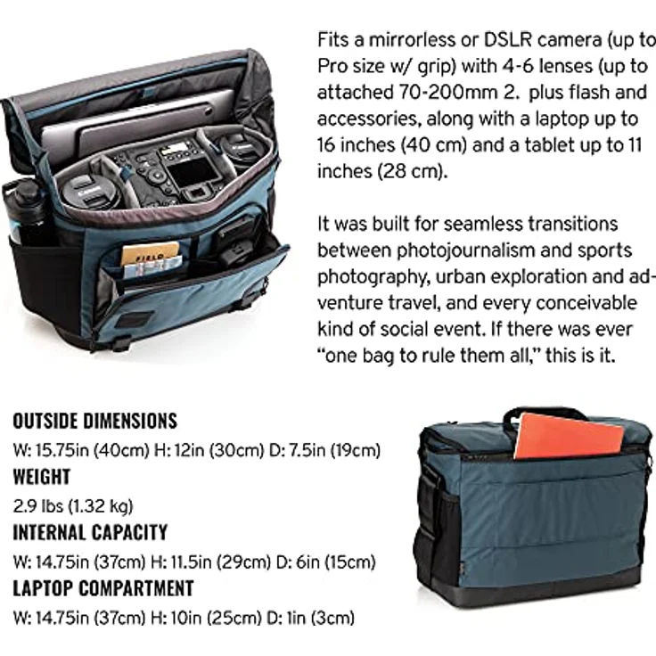 Tenba DNA 16 DSLR Messenger Bag - Blau, für spiegellose und DSLR-Kameras bis Pro Größe, herausnehmbarer gepolsterter Kameraeinsatz, wasserdichter Boden – Bild 2