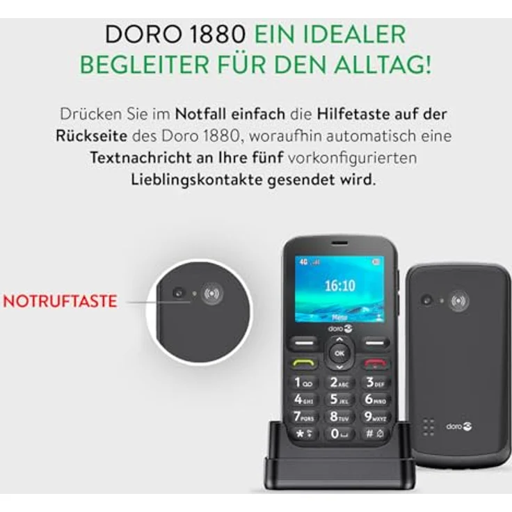 Doro 1880 Seniorenhandy 4G, FM Radio, integrierte Taschenlampe, schwarz – Bild 4