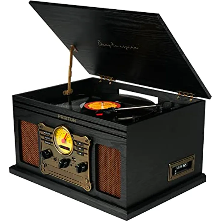 PRIXTON - Century Vintage-Vinyl-Plattenspieler - Vinyl Musik Player & Konverter über Bluetooth, USB, SD, Radio, CD und Kassette - 2 eingebaute Lautsprecher - Schwarz