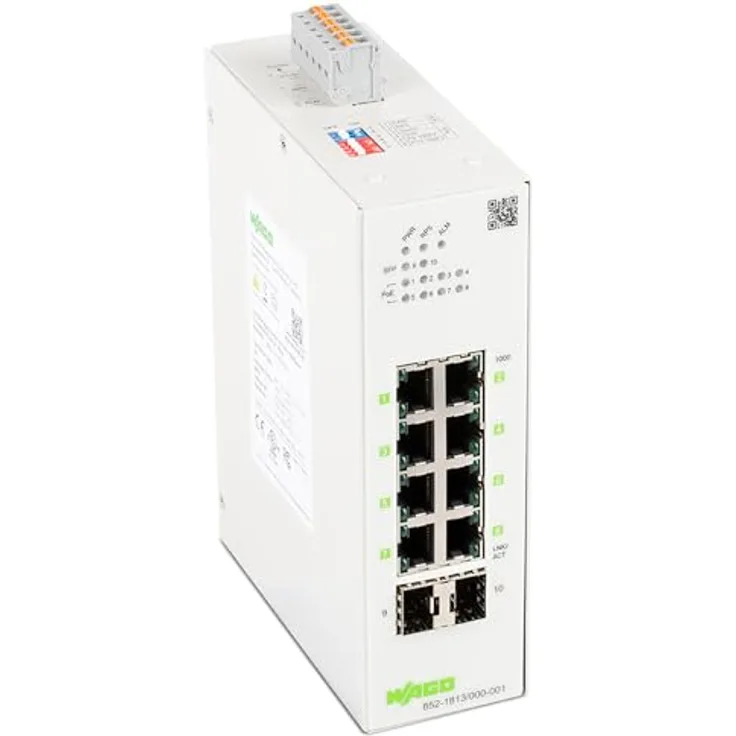 WAGO Industrial-Switch 852-1813/000-001, 8 ETHERNET-Ports 10/100/1000 MBit/s, 2 SFP-Slots, unterstützt Power over Ethernet PoE+, Diagnose-LEDs, schlankes Design für Schaltschrankmontage