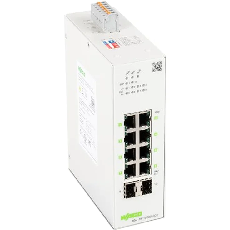 WAGO Industrial-Switch 852-1813/000-001, 8 ETHERNET-Ports 10/100/1000 MBit/s, 2 SFP-Slots, unterstützt Power over Ethernet PoE+, Diagnose-LEDs, schlankes Design für Schaltschrankmontage – Bild 1