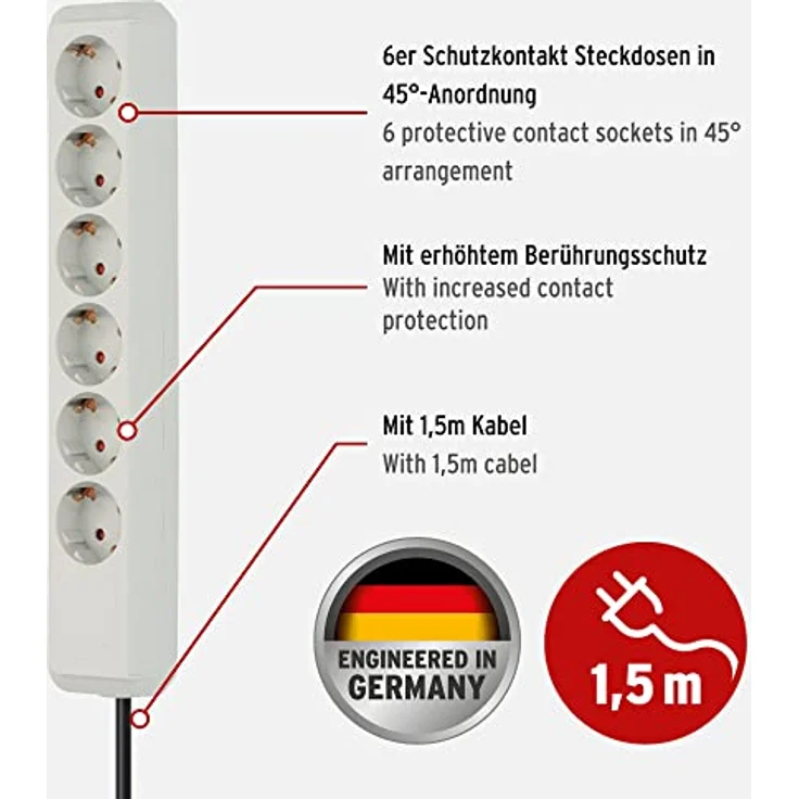 Brennenstuhl Steckdosenleiste 6-fach (Steckerleiste mit erhöhtem Berührungsschutz und 1,5m Kabel) lichtgrau – Bild 2