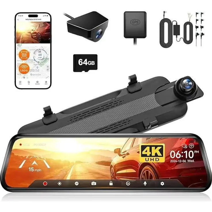 StarTech G930 Rückspiegel-Dashcam, 25 cm Touchscreen 4K, Dualkamera 130°, WLAN GPS, 24h Parküberwachung, inkl. Hardwire-Kit, 64 GB Speicherkarte