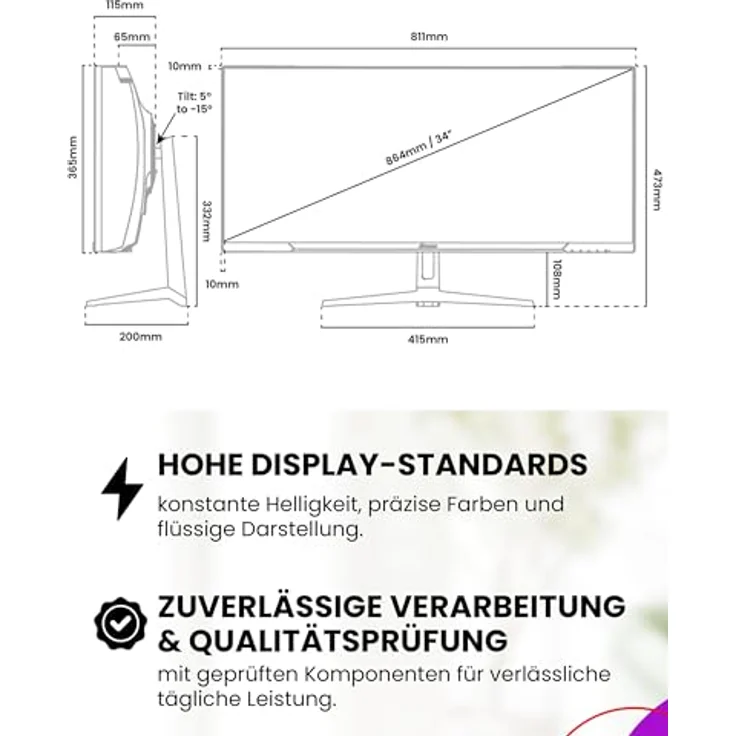 Arozzi Nova 34" Curved Gaming Monitor, VA 165Hz Ultrawide QHD 1440p, HDR10, flimmerfrei, 90% sRGB, lila – Bild 4
