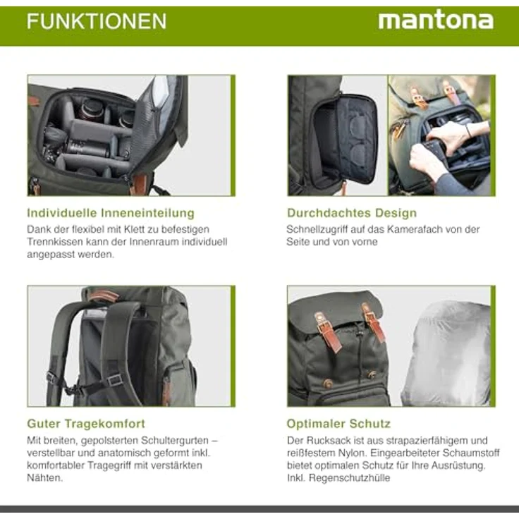 Mantona Luis Retro Fotorucksack (mit Echtleder-Applikationen, inkl. Regenschutzhülle, flexible Einteilung und Laptopfach, geeignet für 1x DSLR-Kamera, 3x Objektive und diverses Fotozubehör) grün – Bild 4