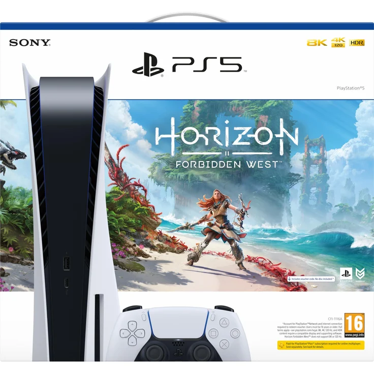 Sony PlayStation 5, Konsolen-Set mit Horizon Forbidden West, 825 GB SSD, 8K-Grafik, Schwarz-Weiß