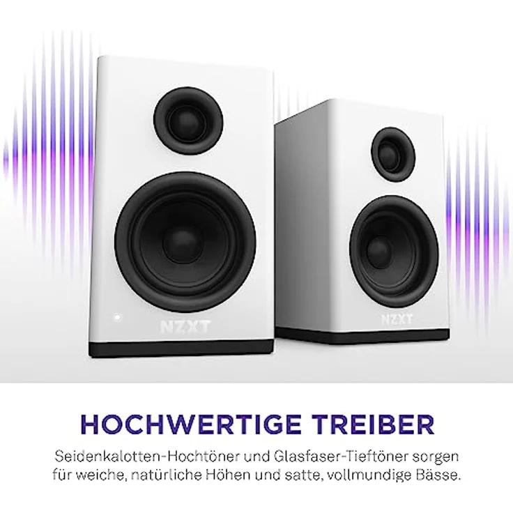 NZXT Relay PC-Gaming-Desktop-Lautsprecher – Full-Range-Sound – 80 Watt – Seidenkalotten-Hochtöner – Glasfaser-Tieftöner – Weiß – Bild 4