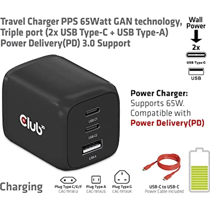 Club 3D CAC-1913 Reiseladegerät, 2x USB Typ C, 1x USB Typ A, PD 65W, Schwarz – Bild 2
