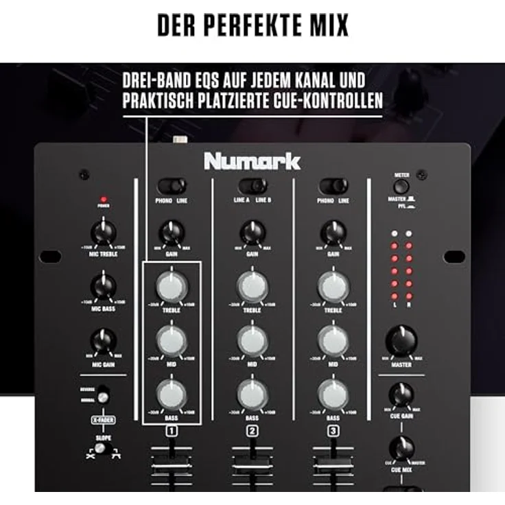 Numark M4 - 3-Kanal DJ-Scratch-Mixer, rack-einbaufähig, mit 3-Band-Equalizer, für die Disco ausgelegten Eingängen, Mikrofon-Eingang, austauschbarem Crossfader und Reverse--Slope-Reglern – Bild 5