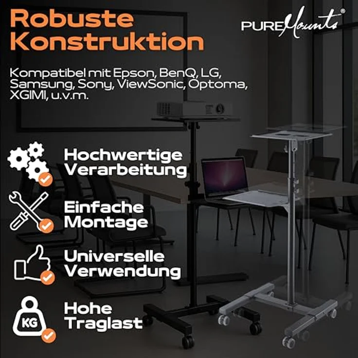 PureMounts PM-PCART-10 - Neigbarer Projektionswagen - Projektionstisch für Beamer und Projektor, flexibel einstellbar (950mm bis 1450mm), feststellbare Rollen, Tragkraft 10kg, Farbe schwarz – Bild 8