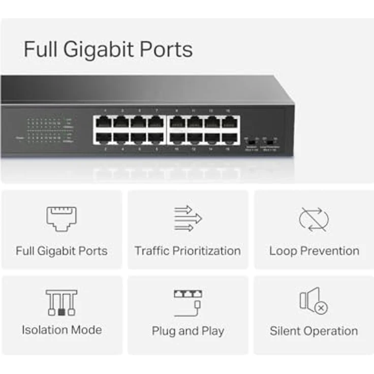 Mercusys MS116GS, 16-Port Gigabit Switch, Unmanaged, Plug & Play, isolierter Client-Datenverkehr, robustes Metallgehäuse, 294 x 140 x 44 mm – Bild 5