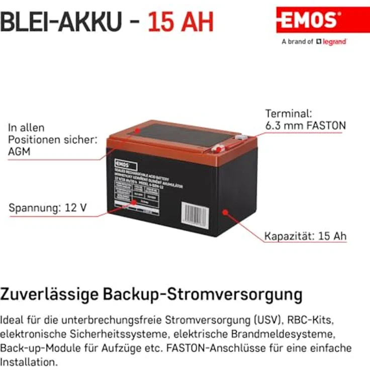 EMOS Wartungsfreier Bleiakku 12V 15Ah AGM Batterie Faston 6,3mm Anschluss Zyklisch - 150x100x102mm – Bild 2
