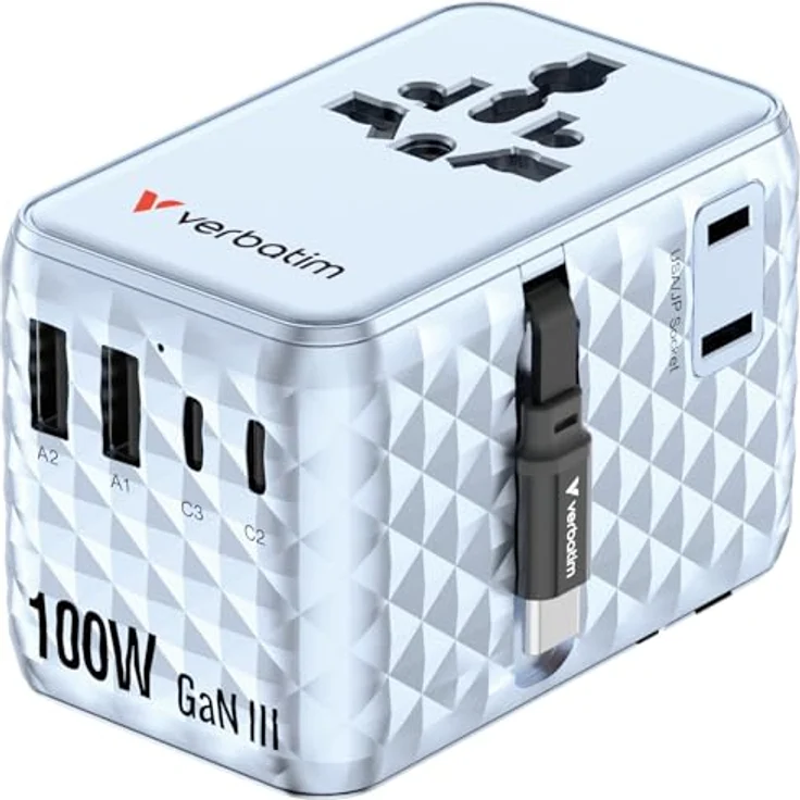 Verbatim Charge 'n' Travel 100W Universaler Reiseadapter, mit einziehbarem USB-C-Kabel, GaN III-Technologie, 7-in-1 Ladefunktion, EU/UK/US/AUS Steckformat – Bild 3